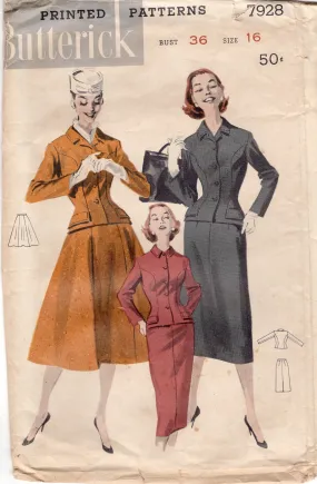 1950's Butterick Two Piece Suit Pattern with Princess line jacket and Flared or Straight Skirt - Bust 36" - No. 7928