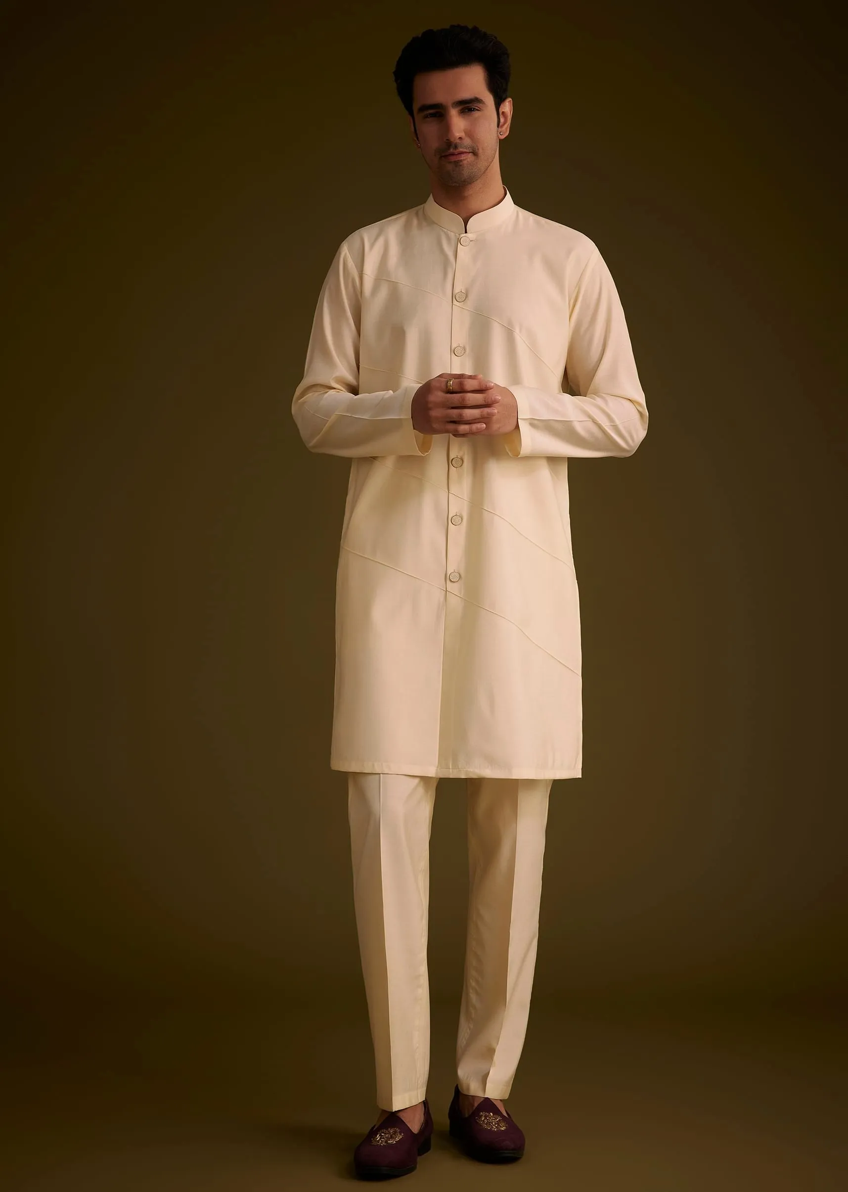 Beige Silk Indowestern Set With Self Work