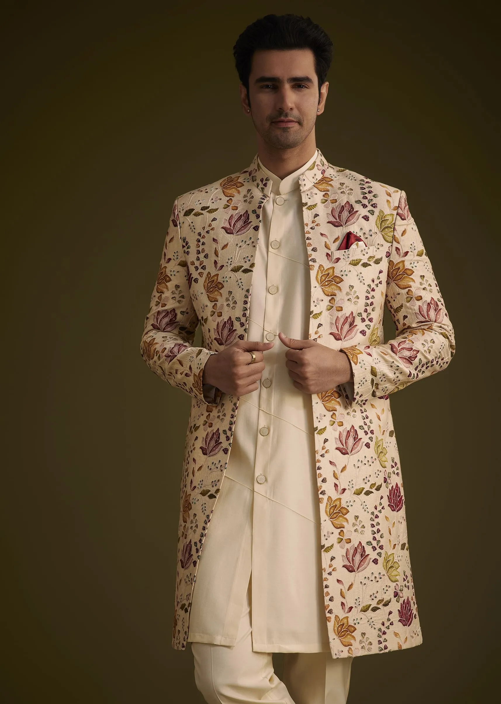Beige Silk Indowestern Set With Self Work