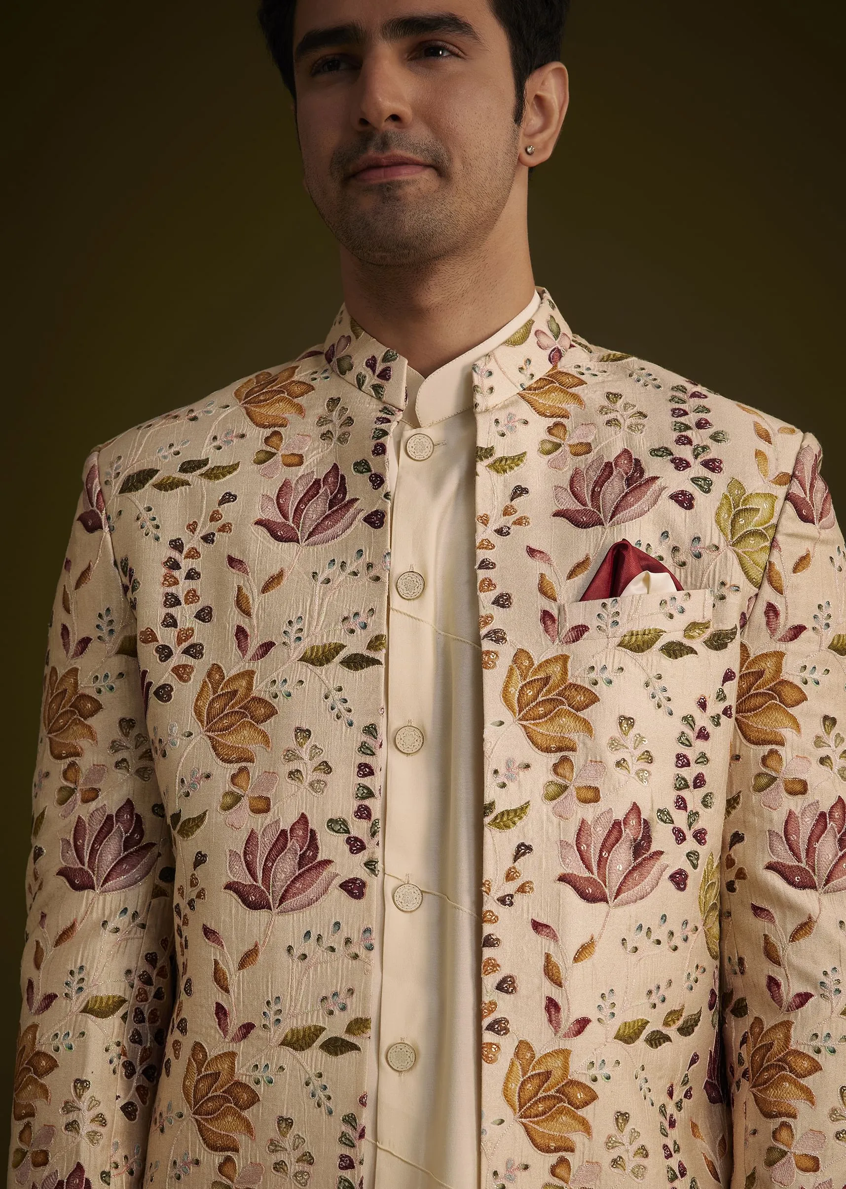 Beige Silk Indowestern Set With Self Work