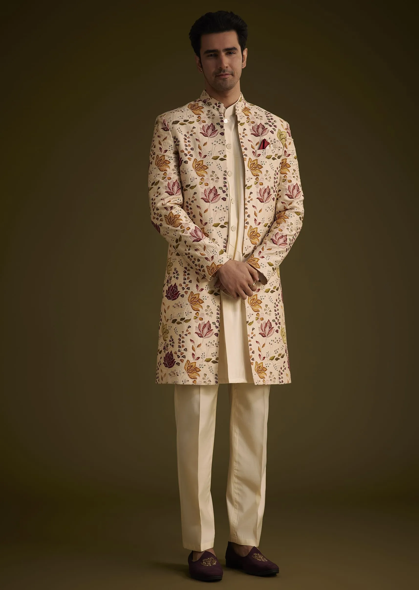Beige Silk Indowestern Set With Self Work