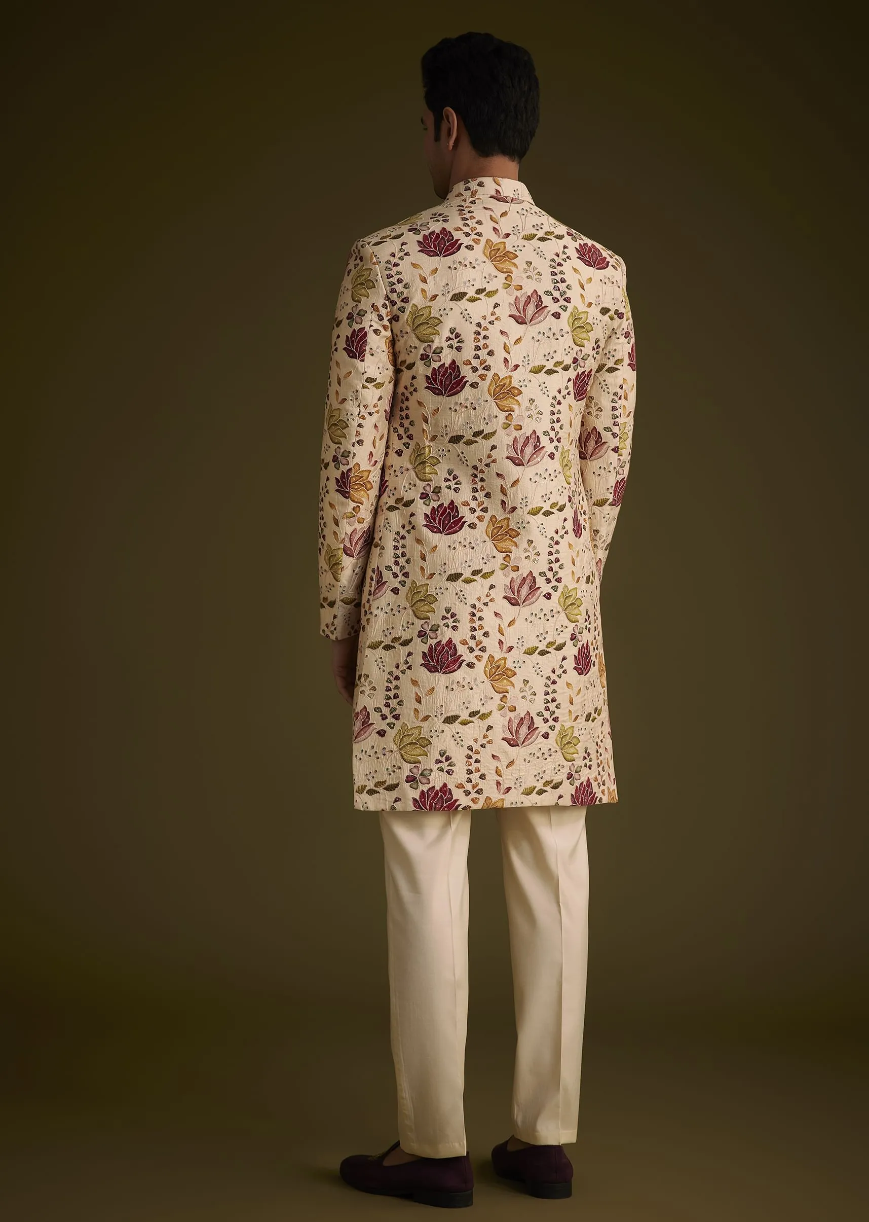Beige Silk Indowestern Set With Self Work
