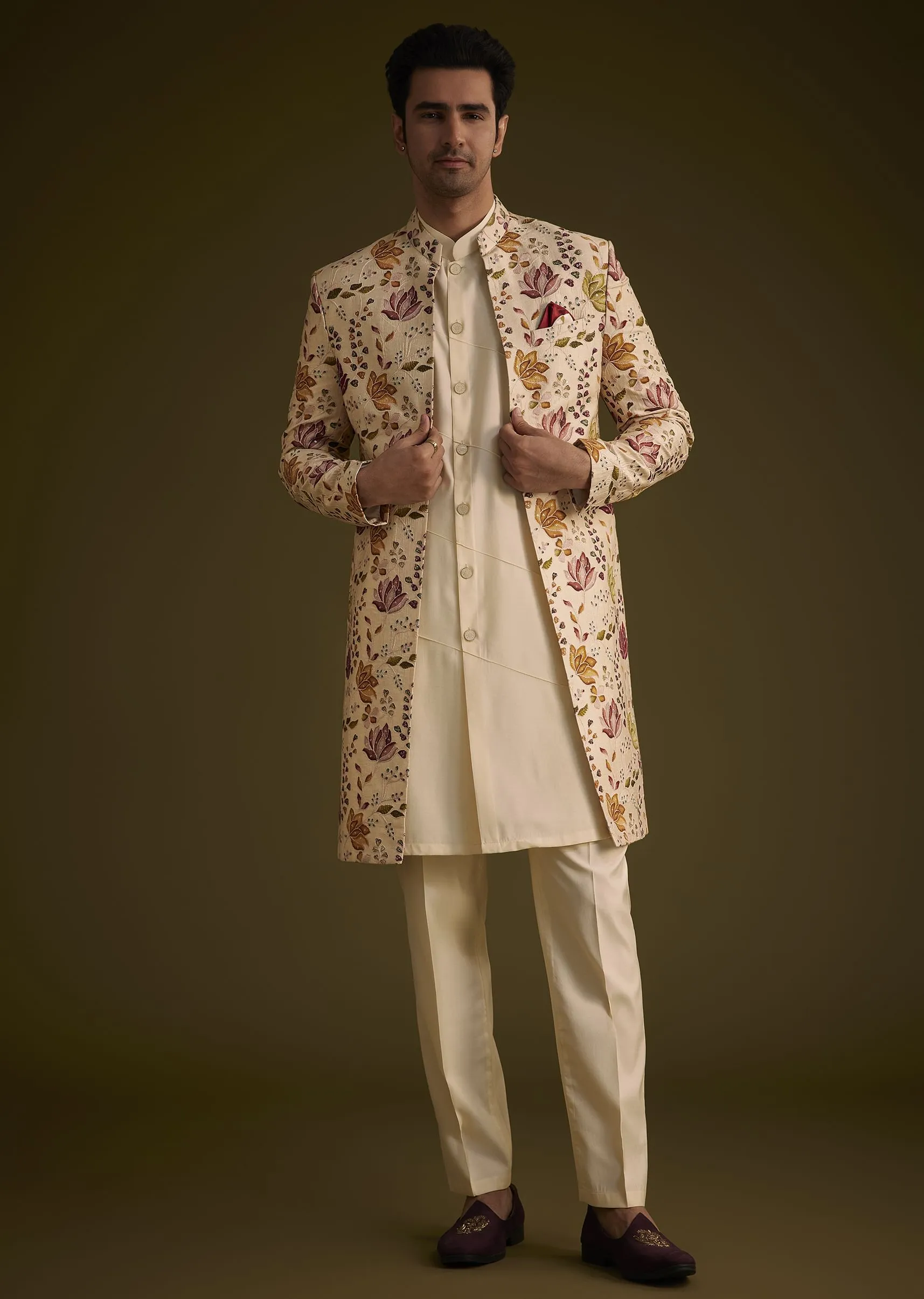 Beige Silk Indowestern Set With Self Work