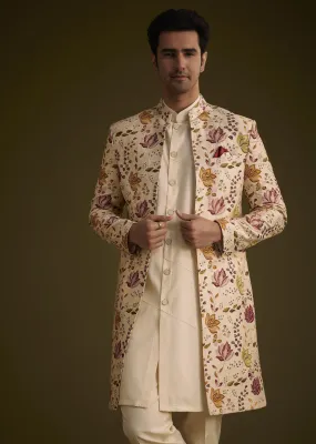 Beige Silk Indowestern Set With Self Work