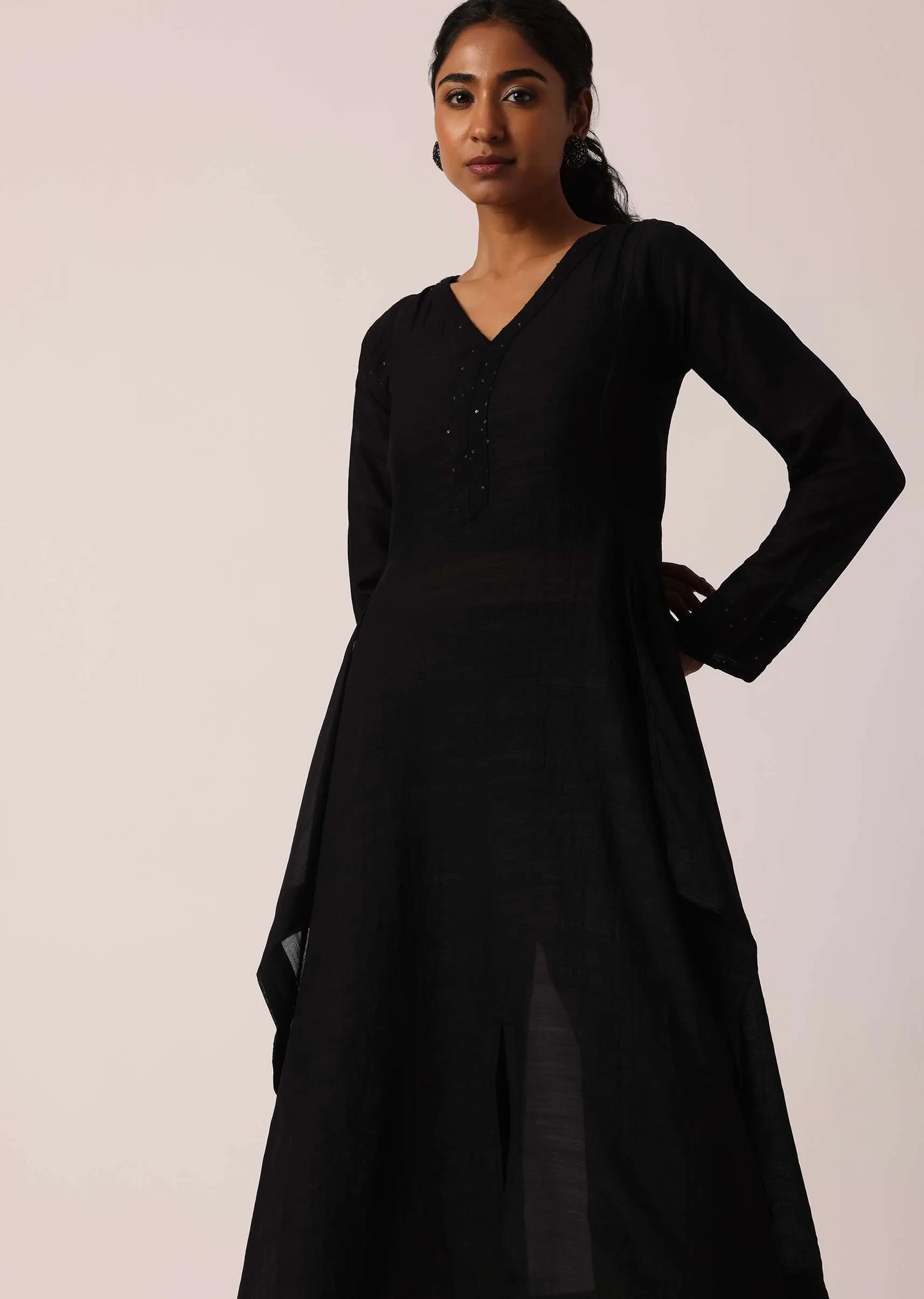 Black Asymmetric Kurta Set With Sequin Work