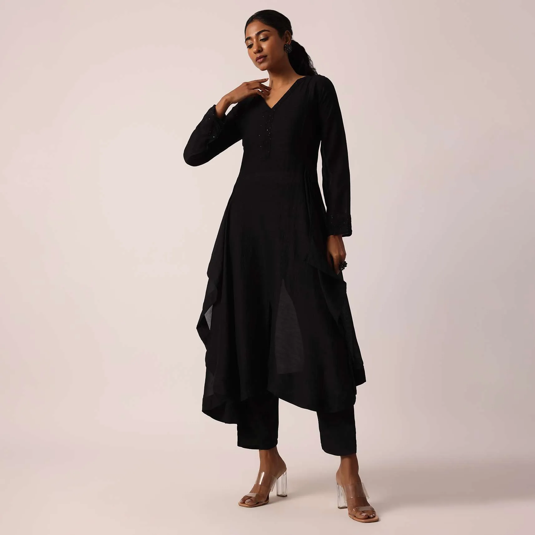 Black Asymmetric Kurta Set With Sequin Work