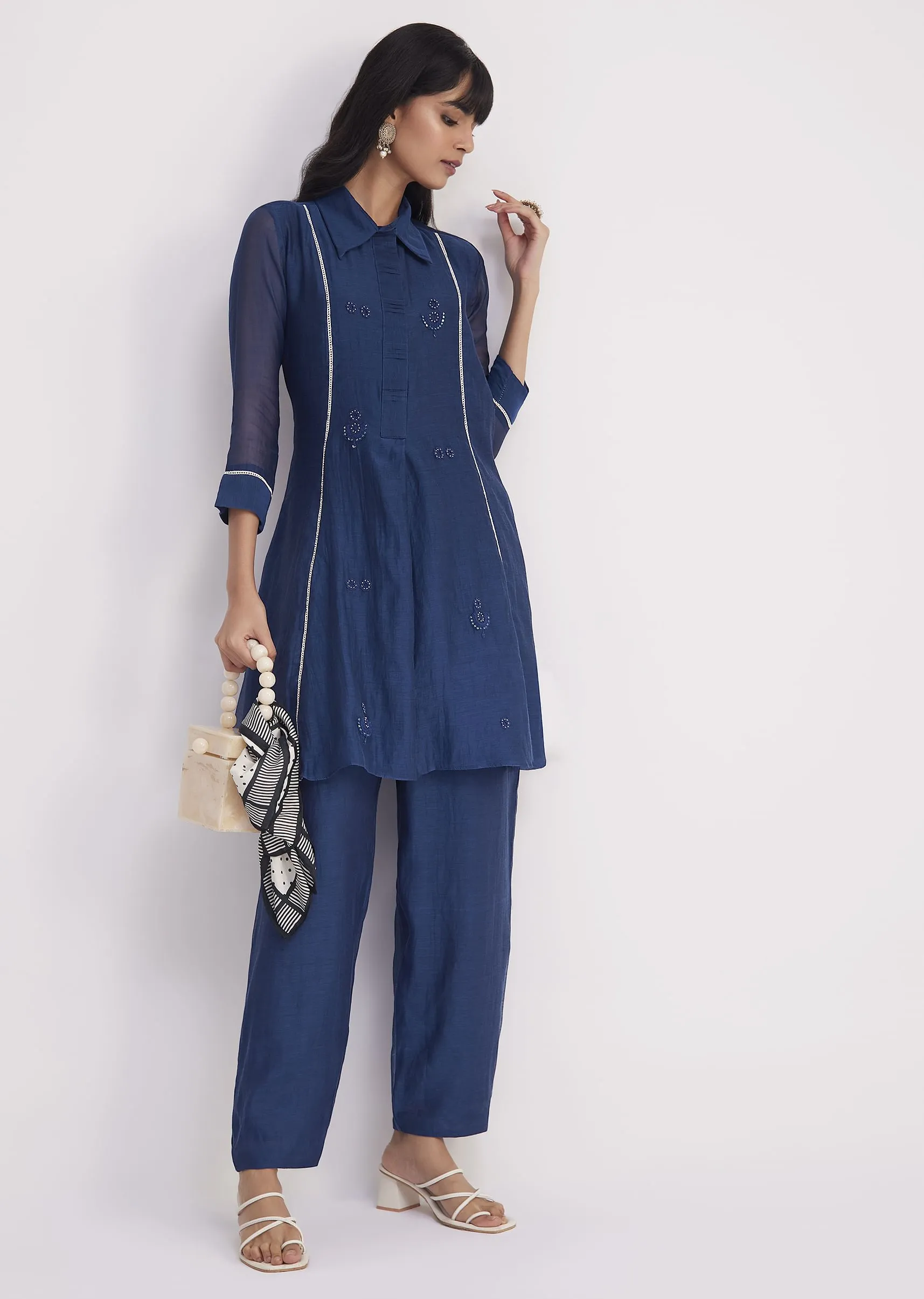 Blue Threadwork Kurta Pant Set