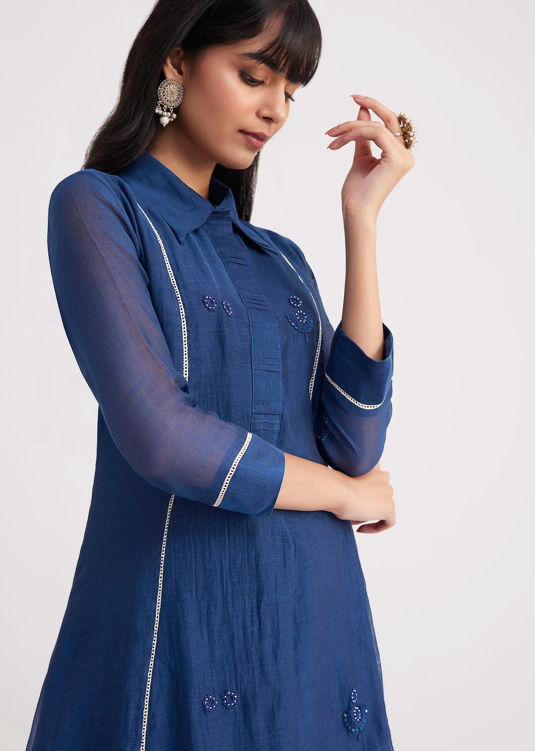 Blue Threadwork Kurta Pant Set