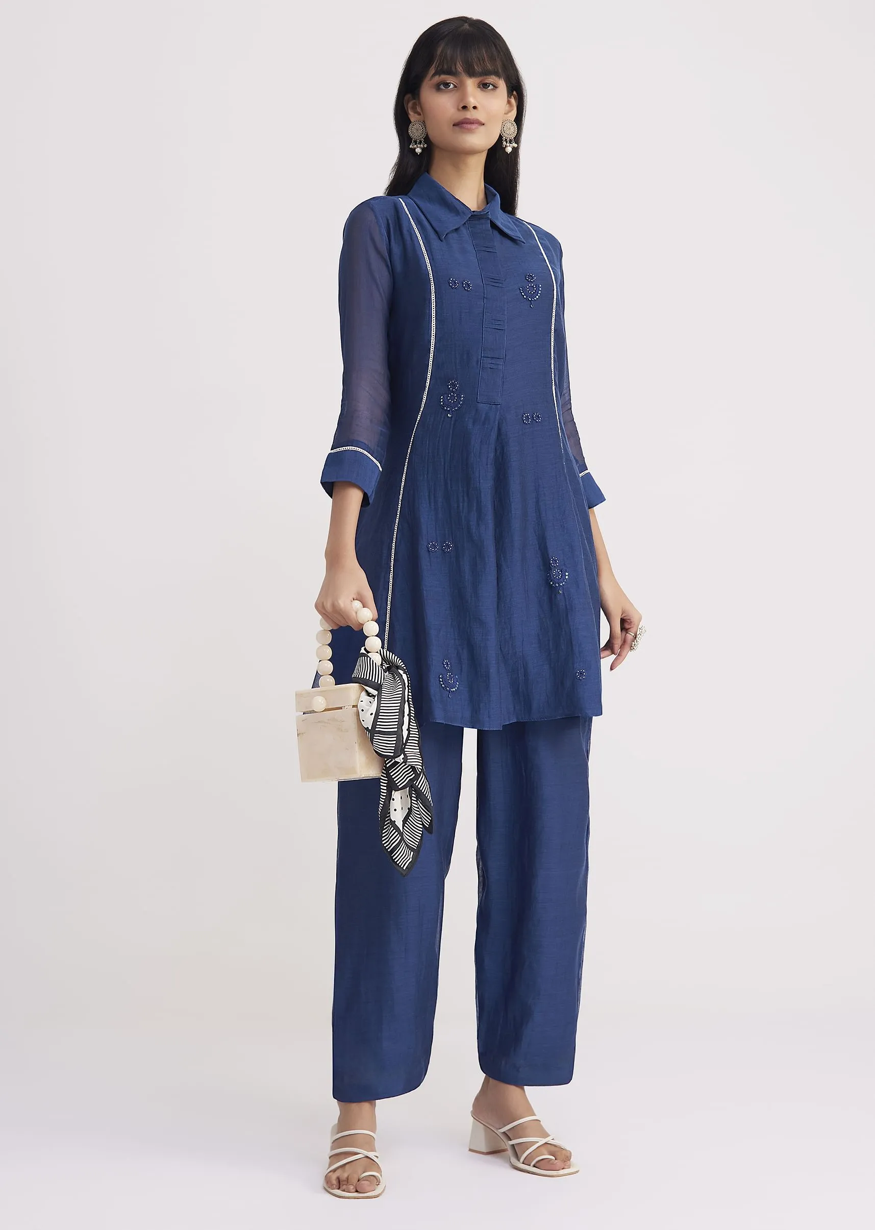 Blue Threadwork Kurta Pant Set