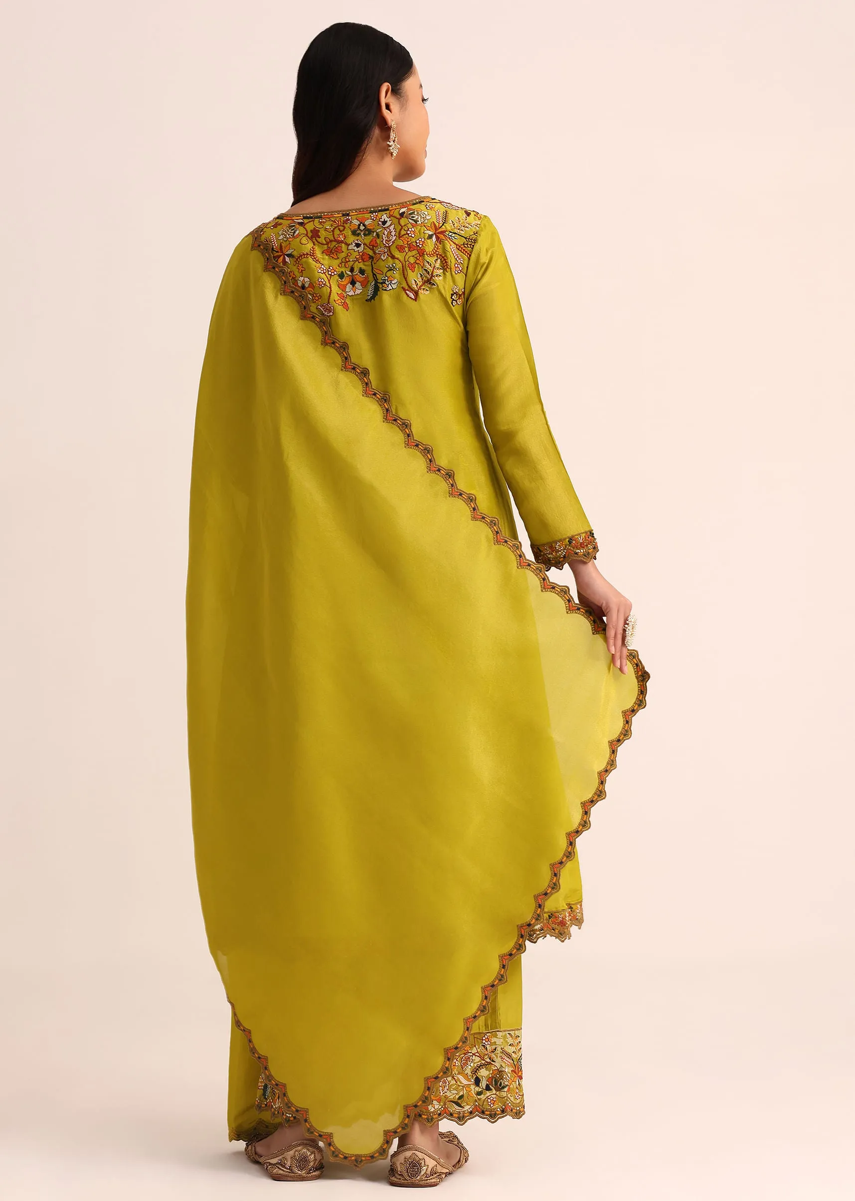 Green Tissue Kurta Set With Dupatta In Thread Work