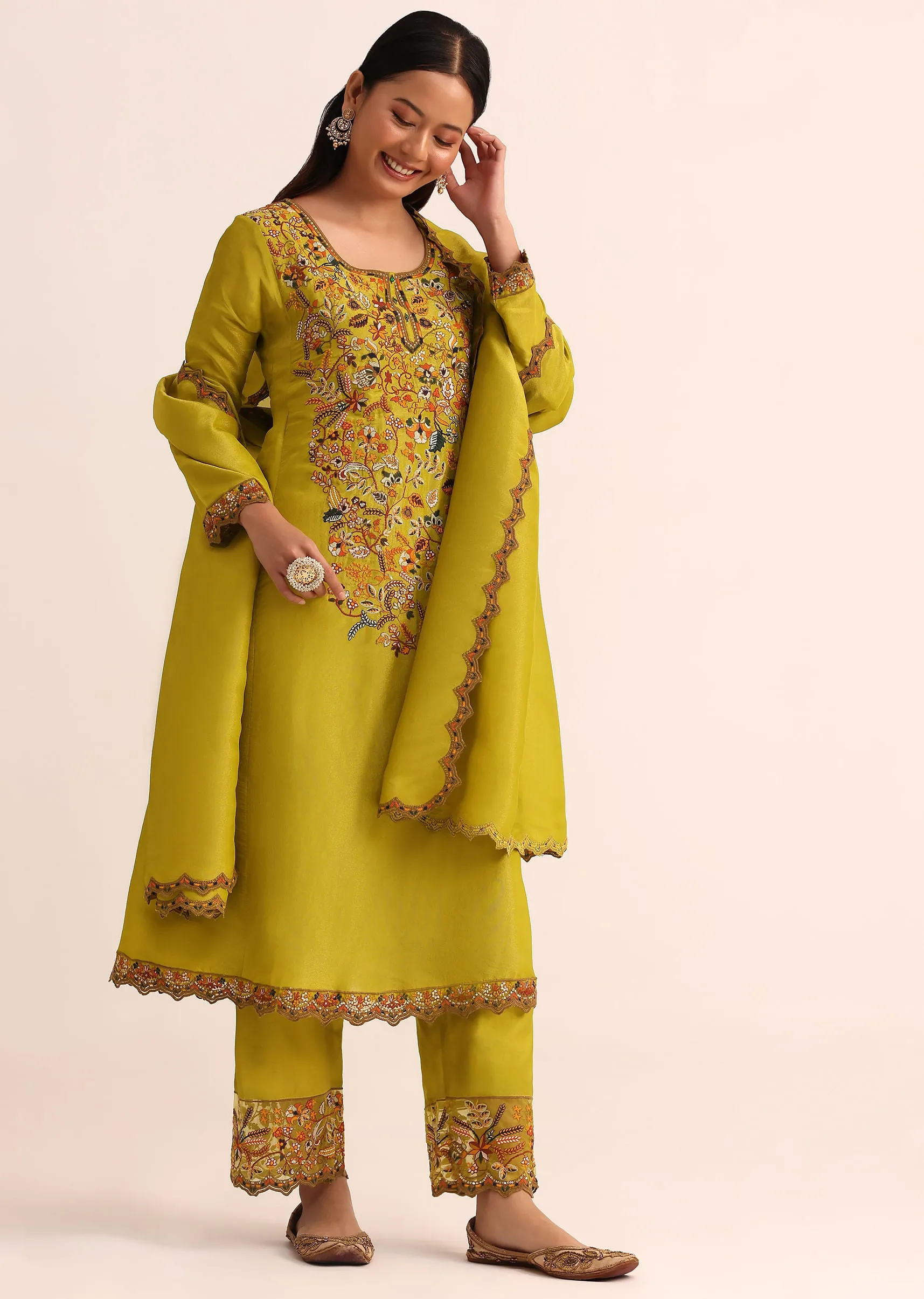 Green Tissue Kurta Set With Dupatta In Thread Work