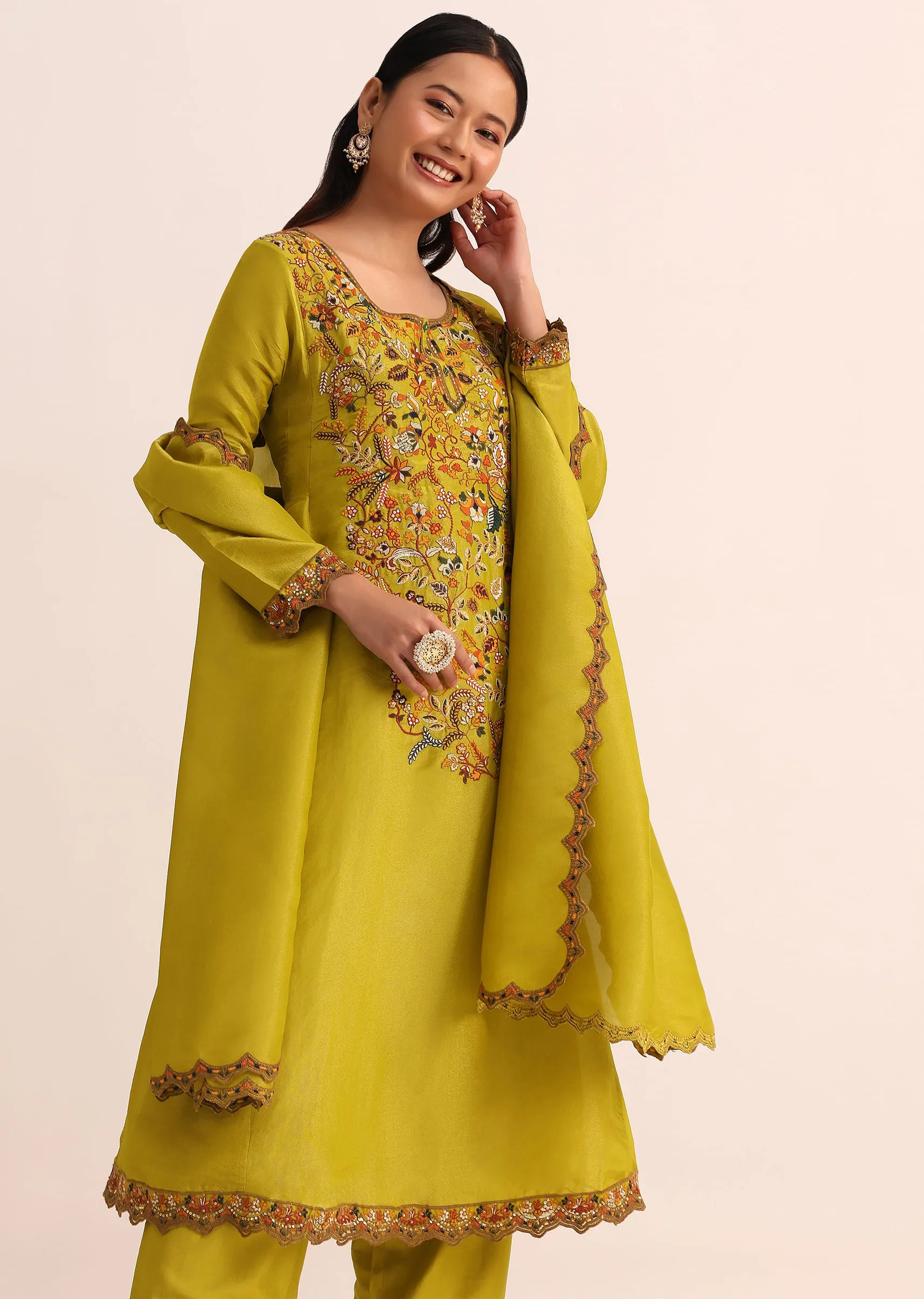 Green Tissue Kurta Set With Dupatta In Thread Work