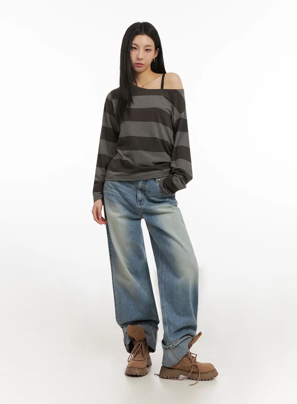 Katie Roll-Up Washed Wide-Leg Jeans ID431