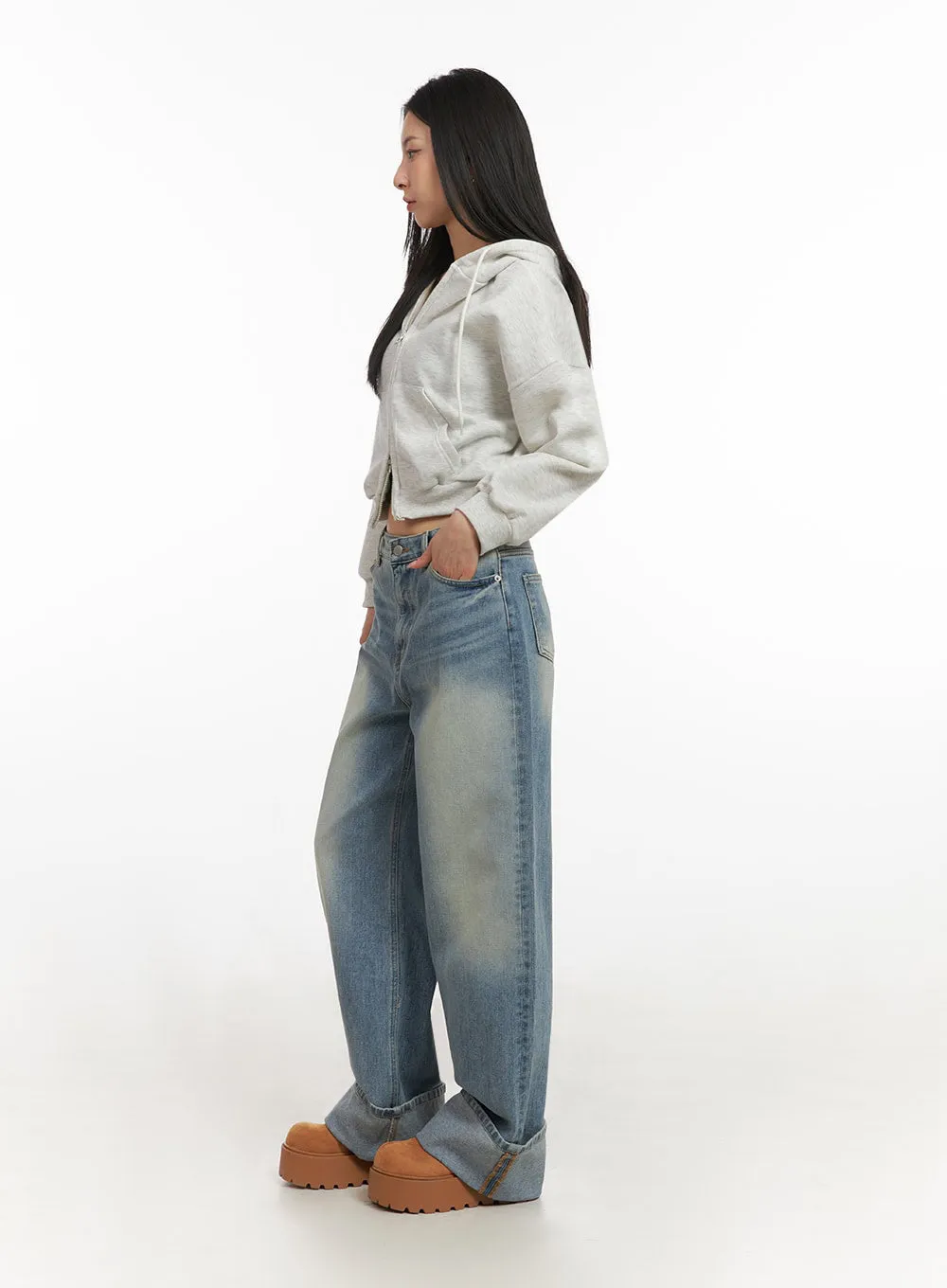 Katie Roll-Up Washed Wide-Leg Jeans ID431