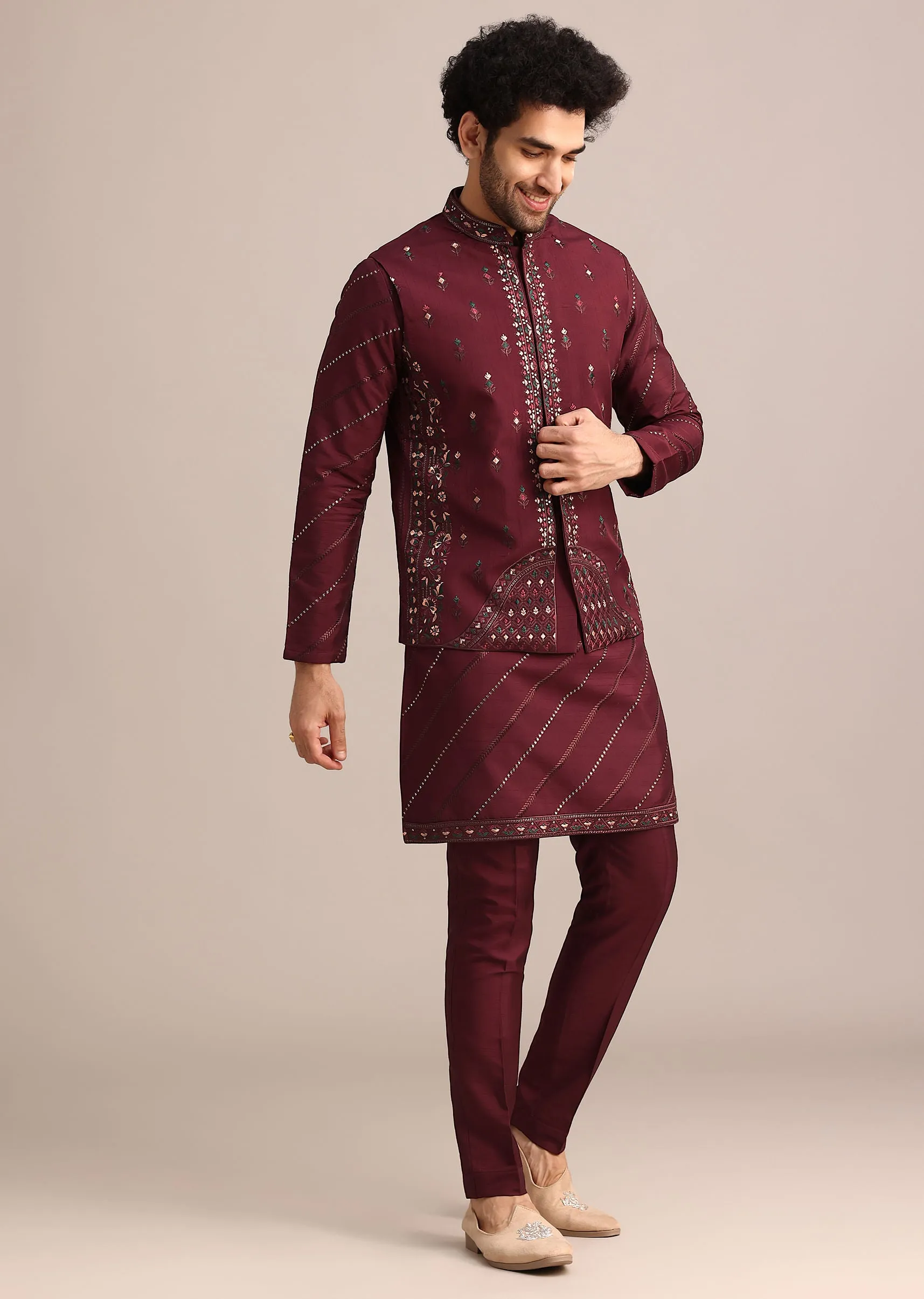 Maroon Silk Jacket Kurta Set With Embroidered Work