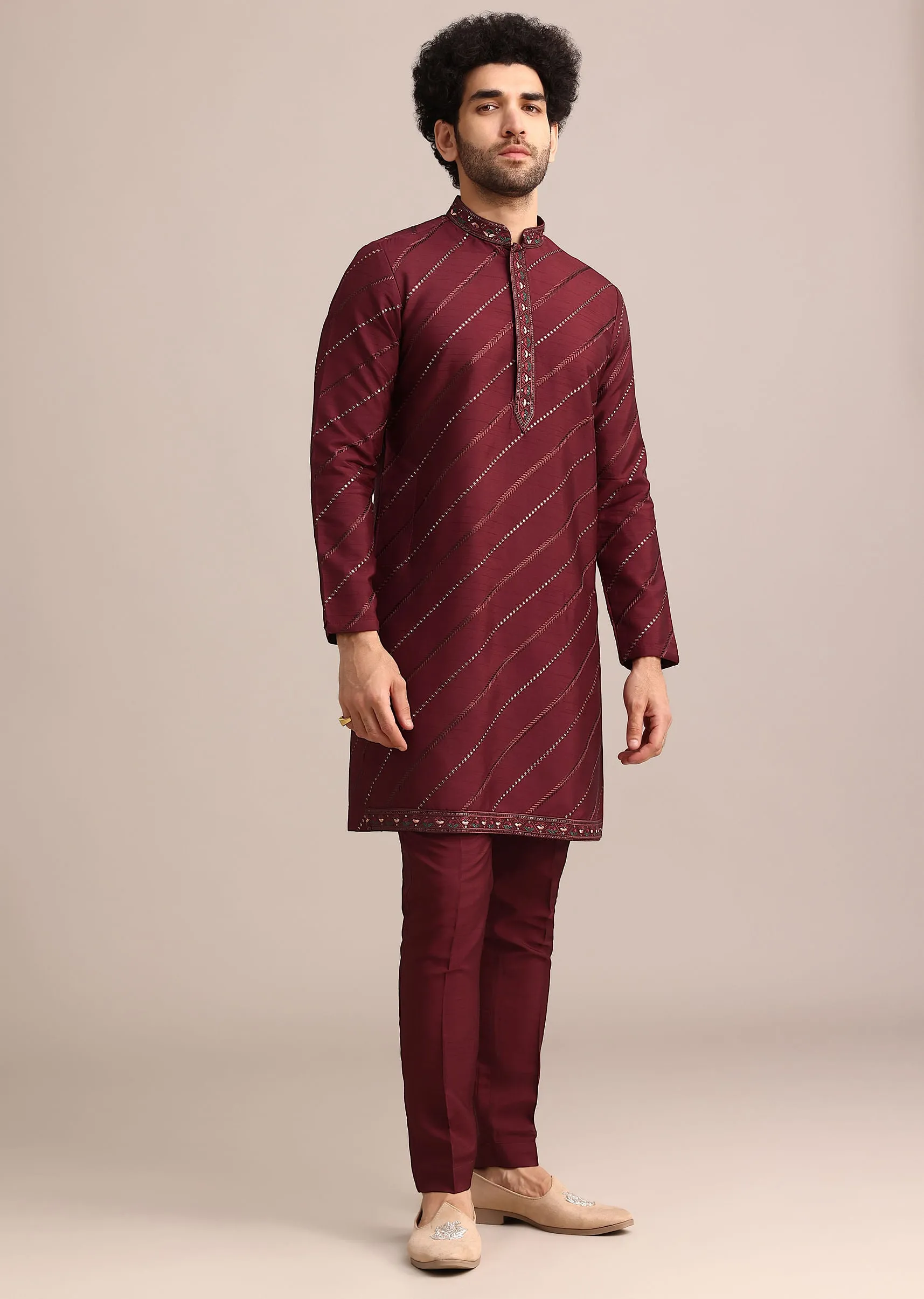 Maroon Silk Jacket Kurta Set With Embroidered Work