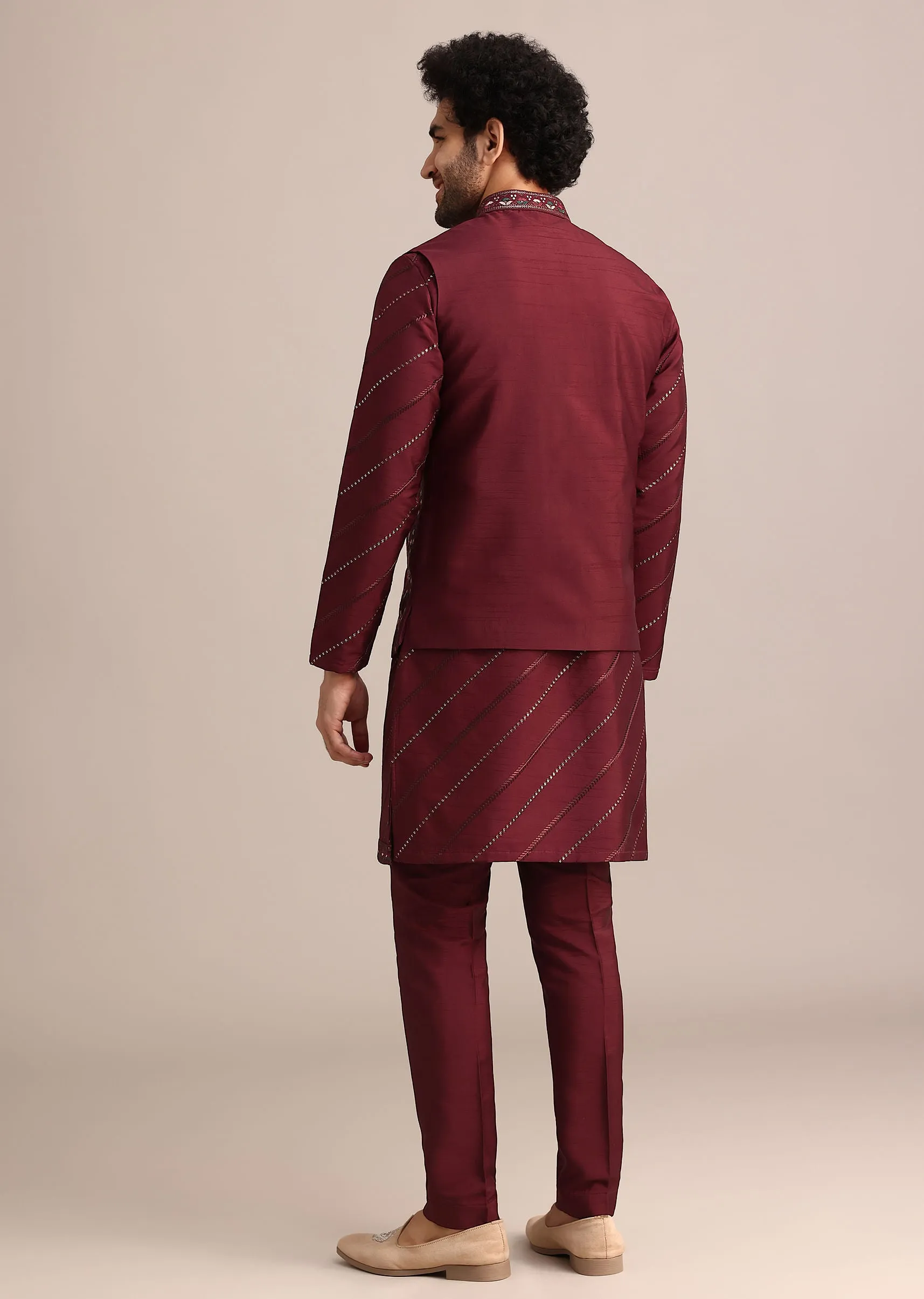 Maroon Silk Jacket Kurta Set With Embroidered Work