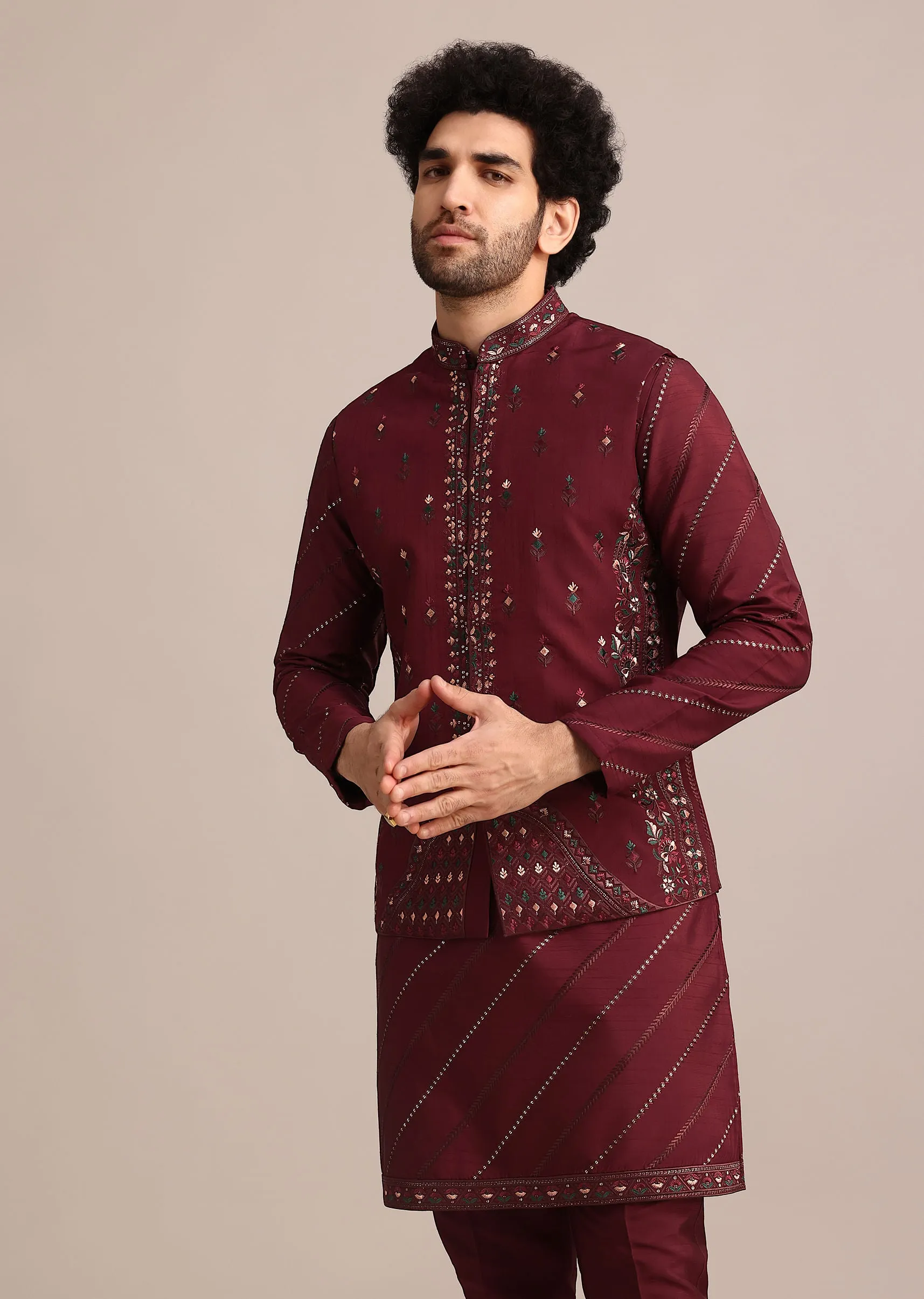 Maroon Silk Jacket Kurta Set With Embroidered Work
