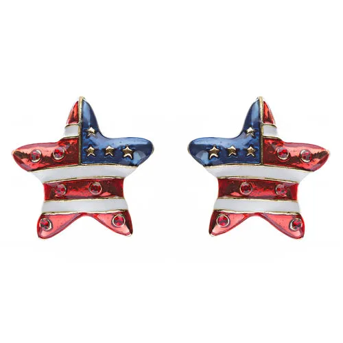 Patriotic American Flag 3D Star Stud Earrings Gold