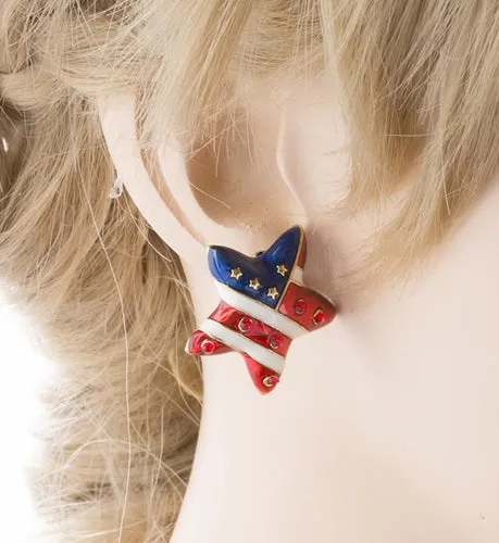 Patriotic American Flag 3D Star Stud Earrings Gold