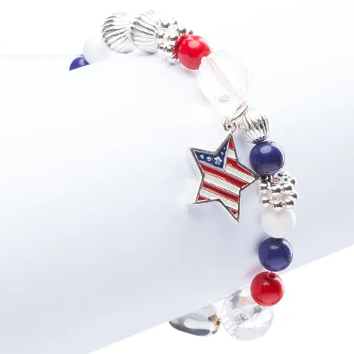 Patriotic American Flag Star Charm Bead Stretch Fashion Bracelet B365 Multi