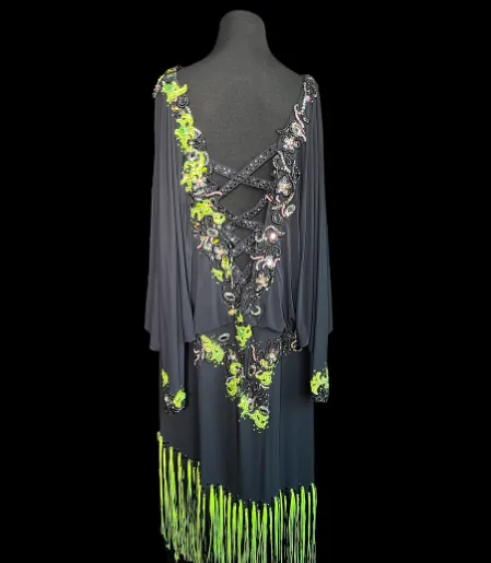 Resale Artistry in Motion Plus Size Black Latin Dress with Lime Neon Green Lace Appliqué and Fringe, Swarovski Stones, and Crisscrossing Straps on Back US Sz 22 Lat194