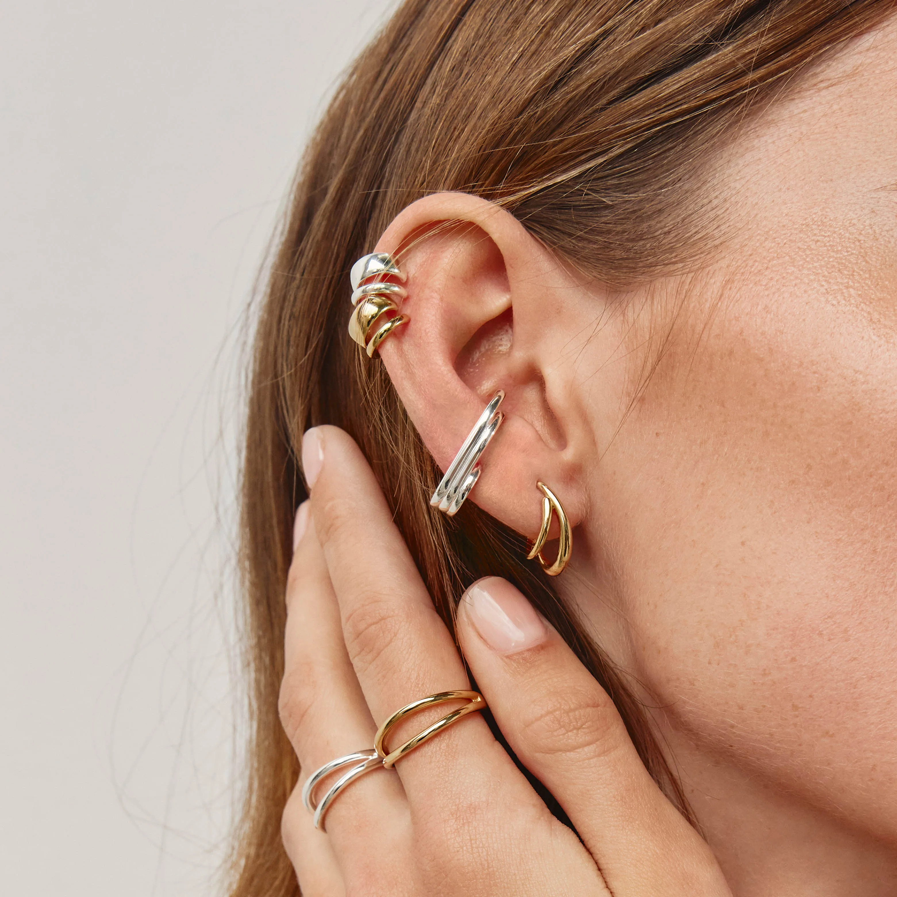 Triple Lobe Cuff Huggie Earring in Silver